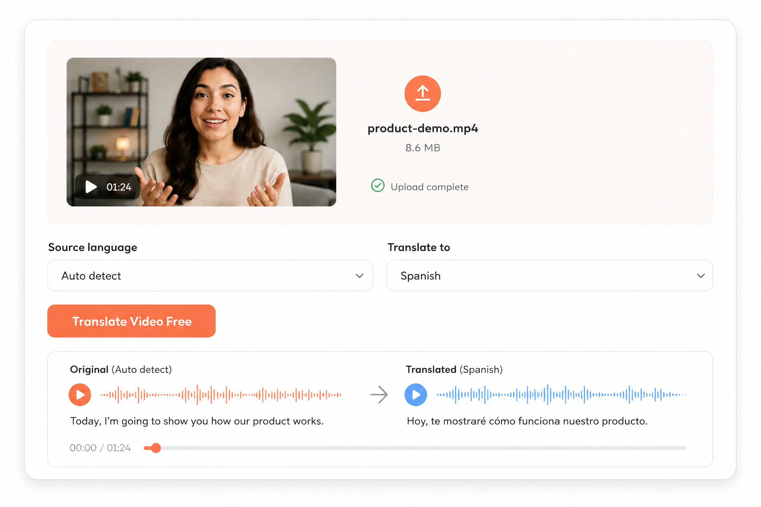 AI video translator with a video upload, automatic source detection, and Spanish selected