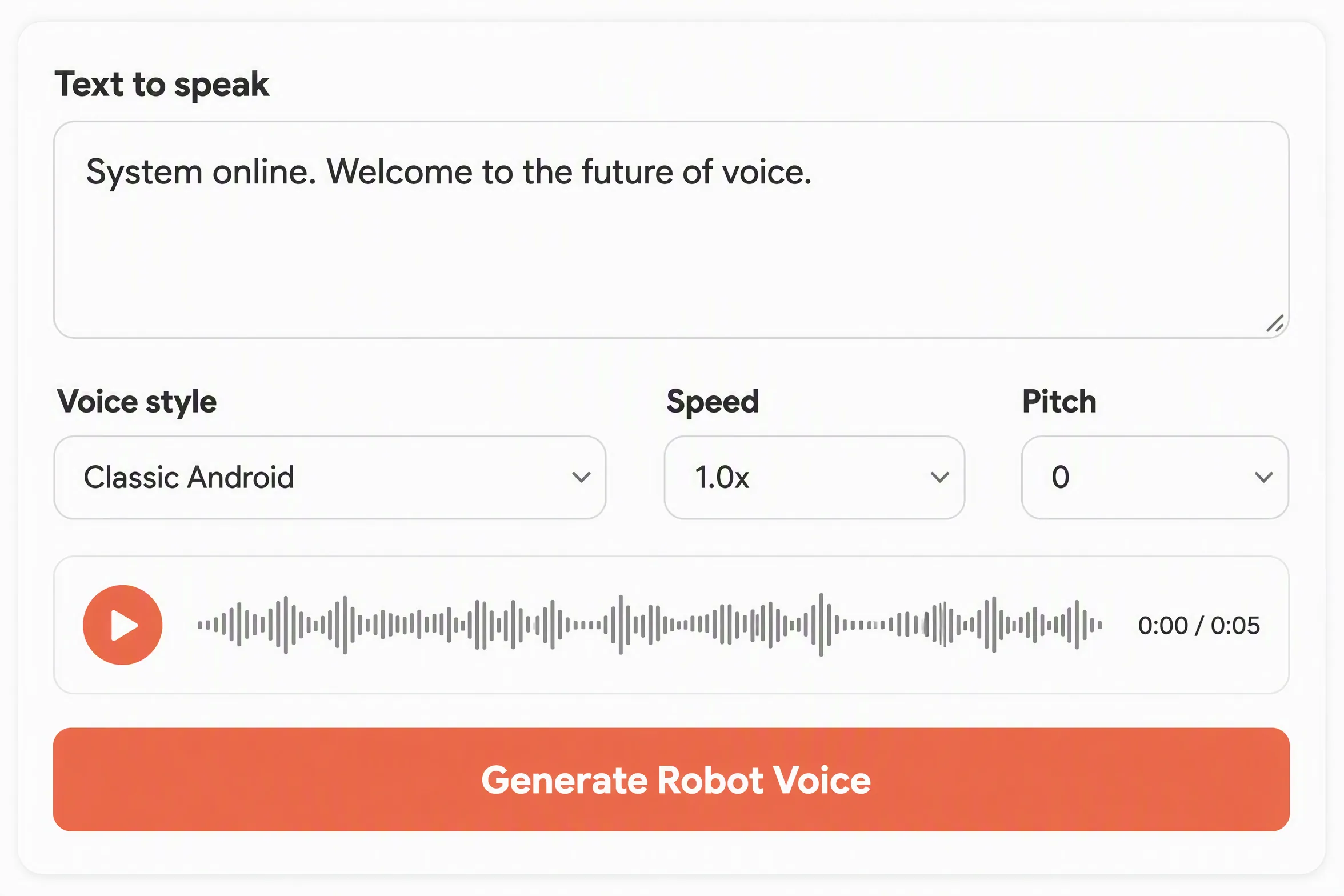 Robot voice generator with text, voice style, speed, and pitch controls
