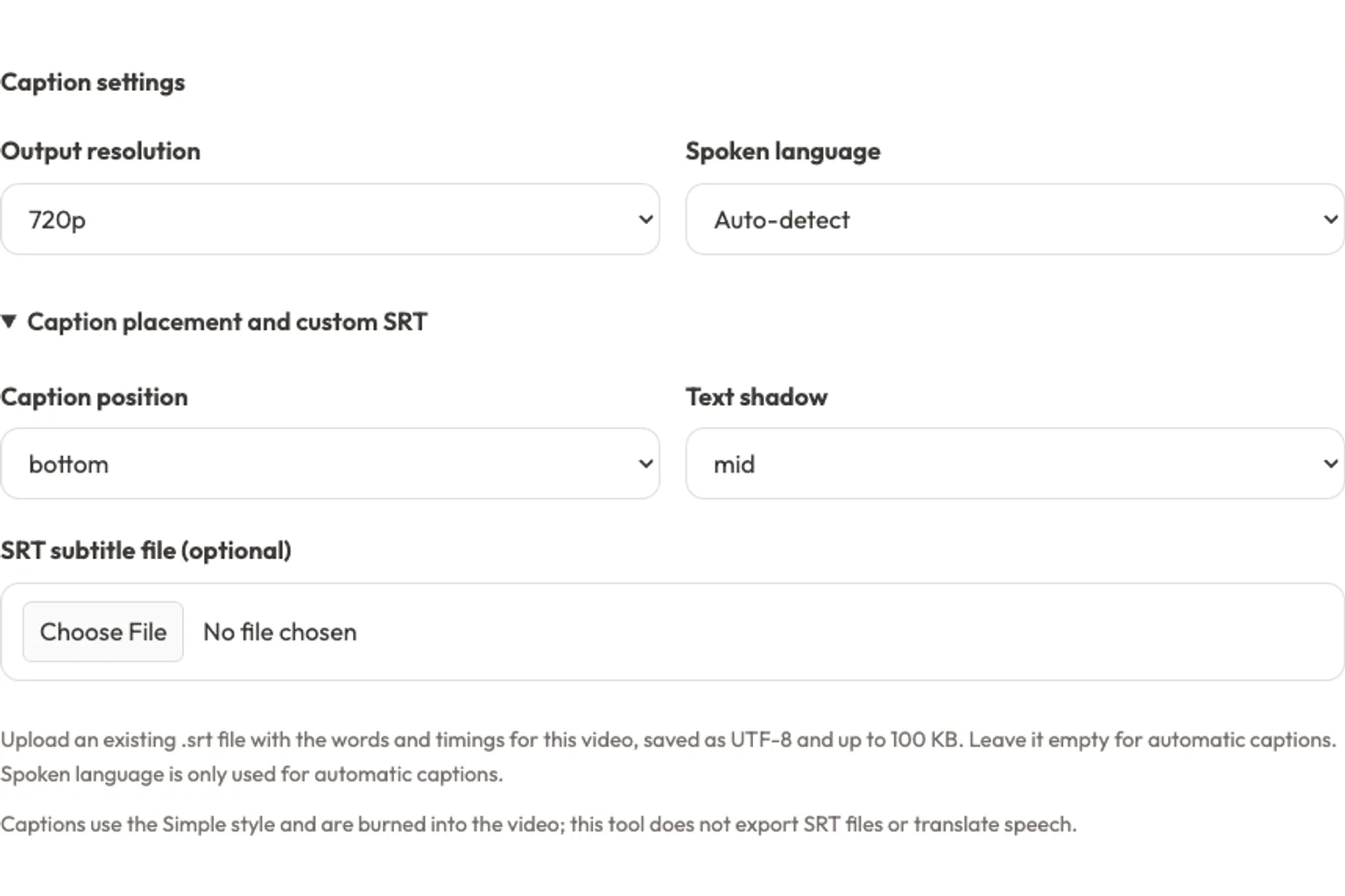 Actual subtitle controls for resolution, spoken language, placement, shadow, and an optional SRT file upload