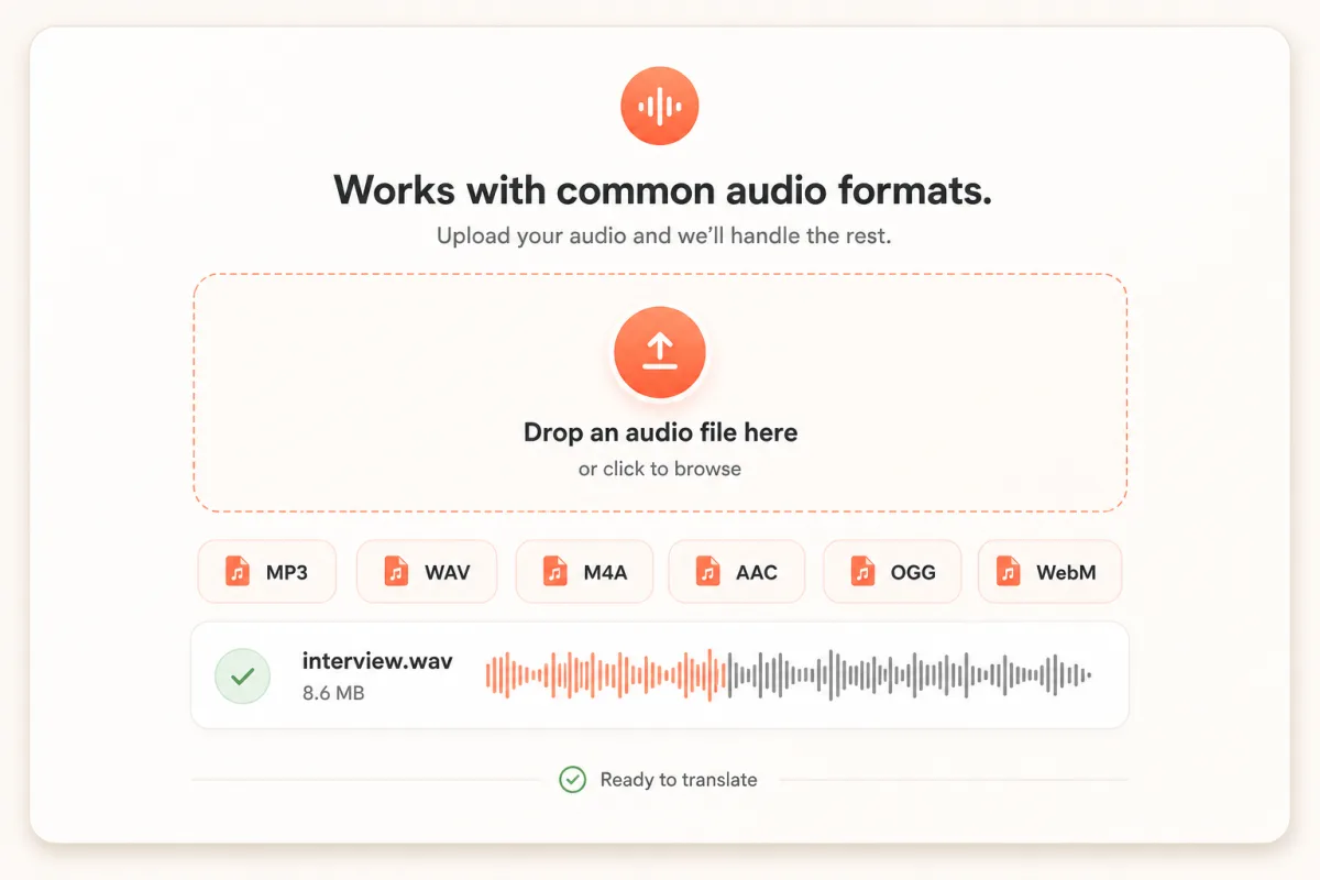 Audio upload interface listing MP3, WAV, M4A, AAC, OGG, and WebM formats