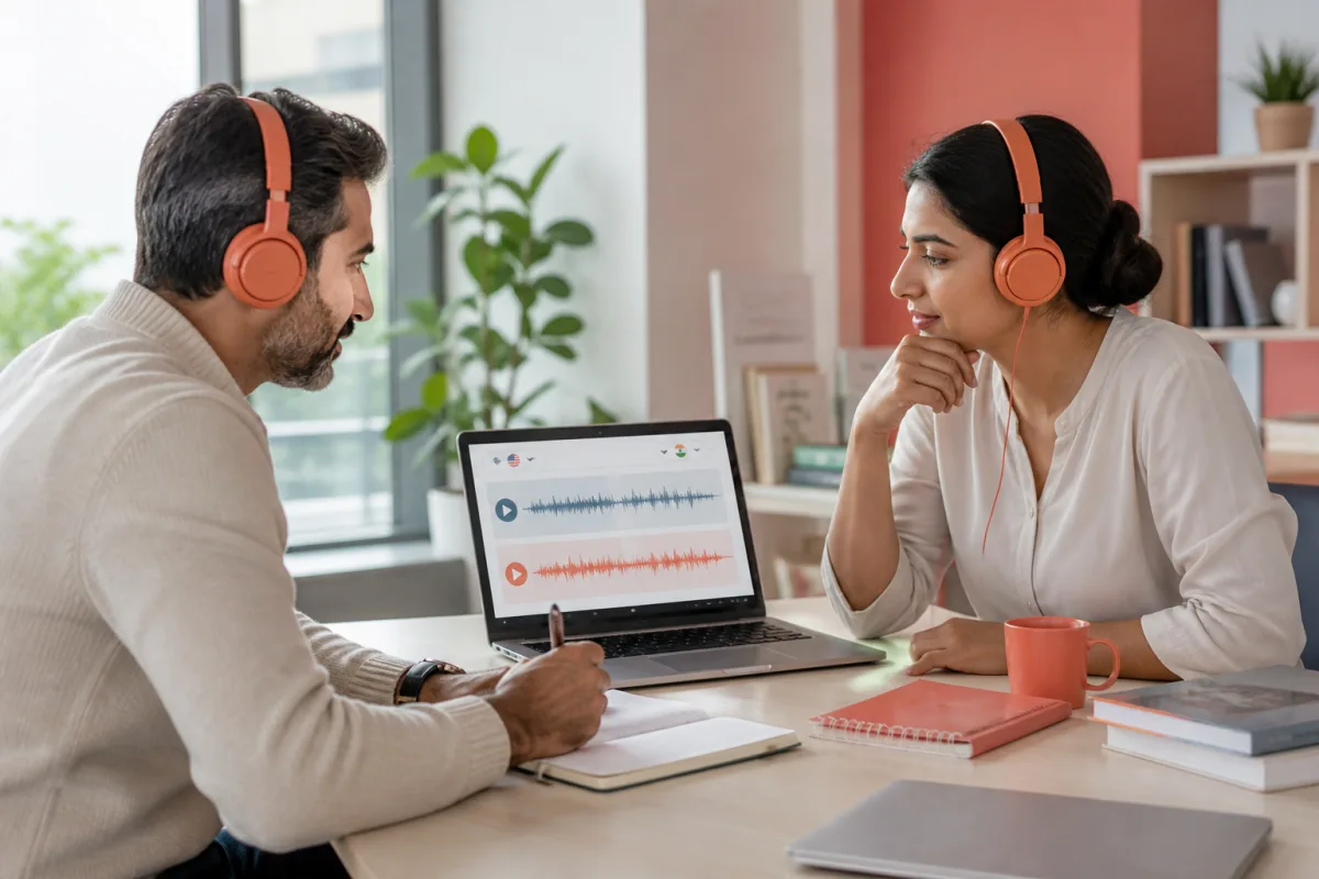 Educator and learner reviewing two translated lesson audio tracks on a laptop
