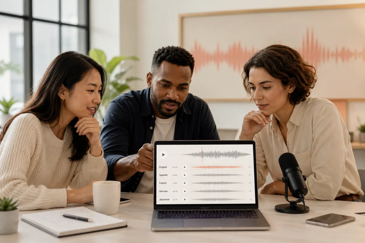 Marketing team reviewing multilingual audio tracks for an international campaign