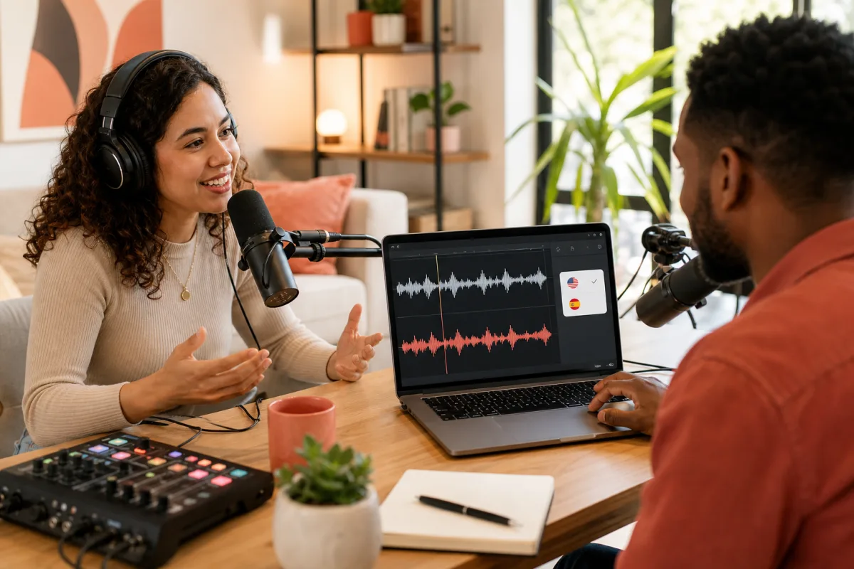 Podcast creators reviewing original and translated audio waveforms during an interview recording