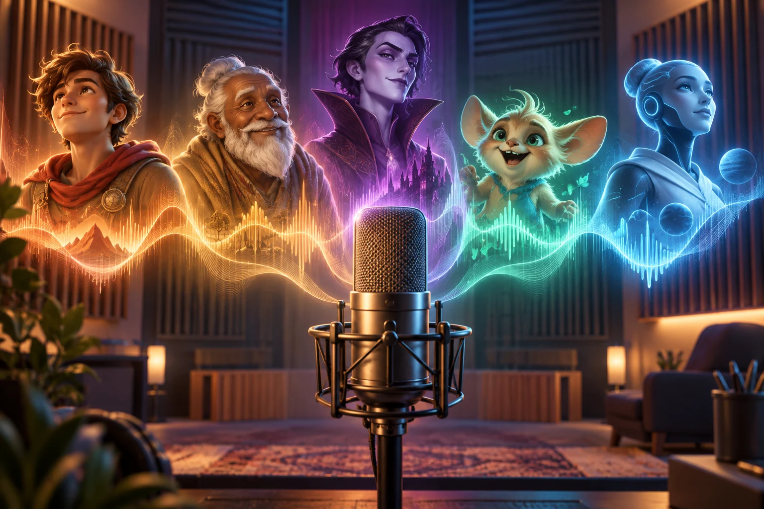 Studio microphone surrounded by five original fantasy and science-fiction character portraits connected by colorful speech waveforms