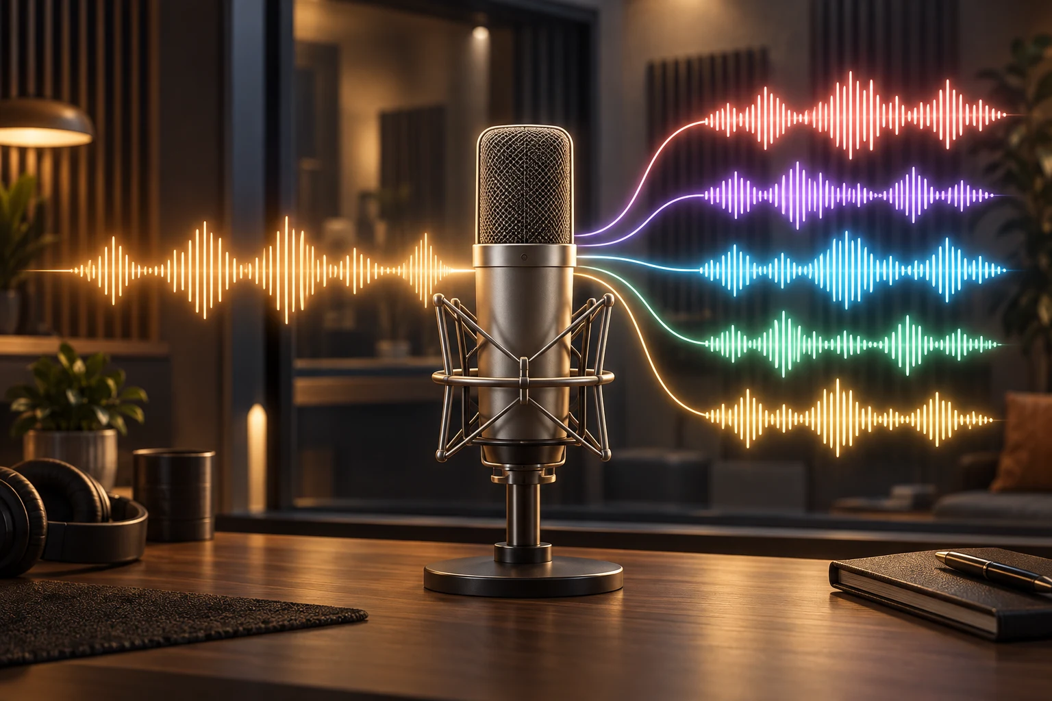 One amber speech waveform entering a studio microphone and emerging as five colorful translated audio waveforms